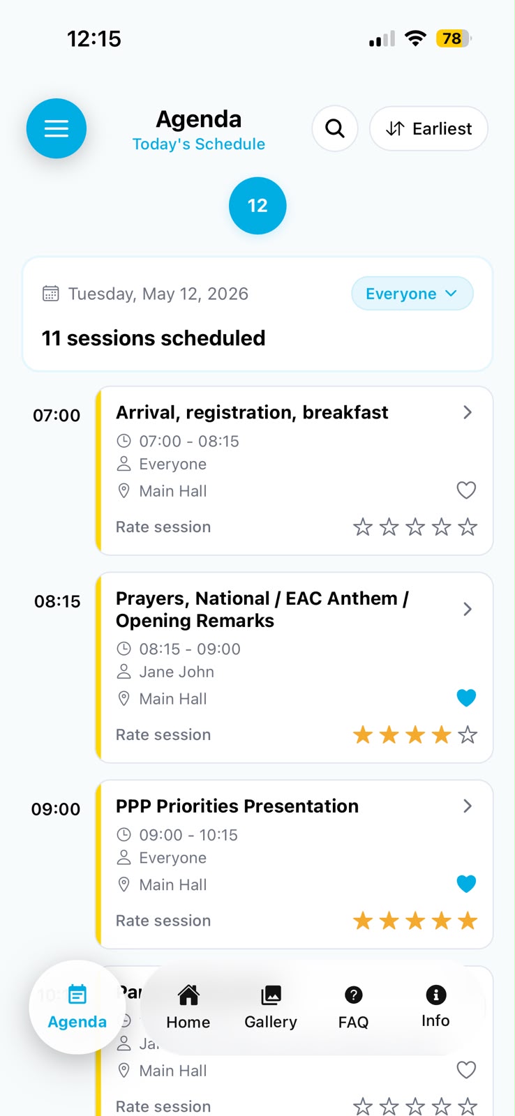Bendie attendee agenda screen