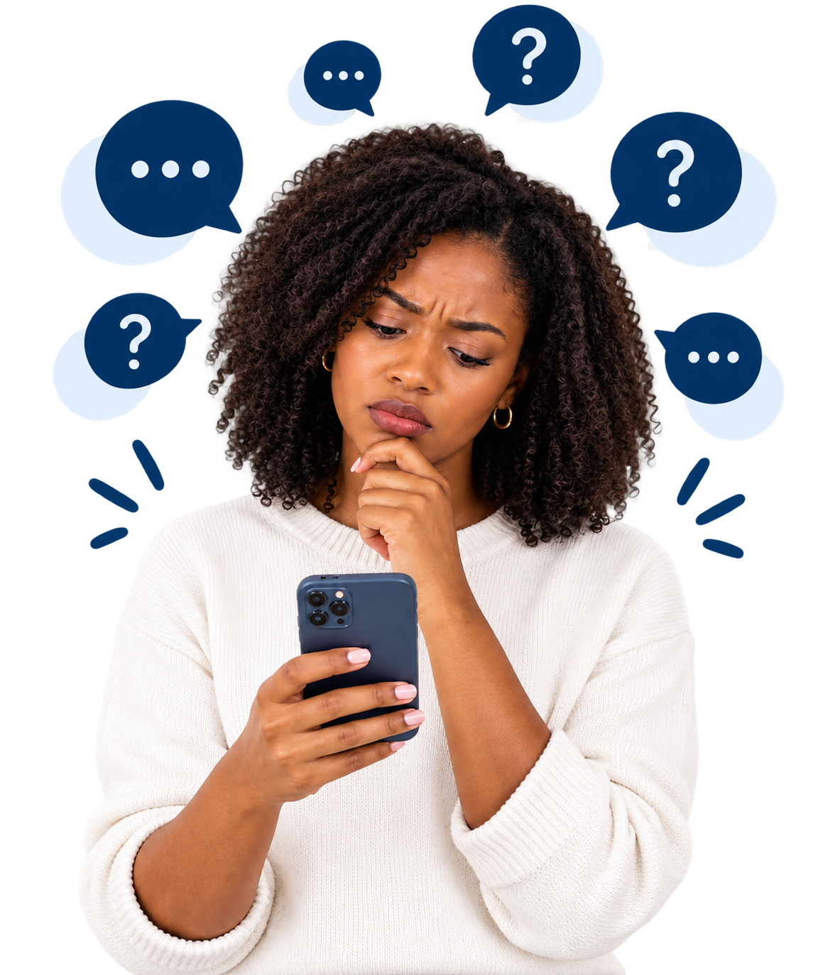 Person looking at a phone while surrounded by questions