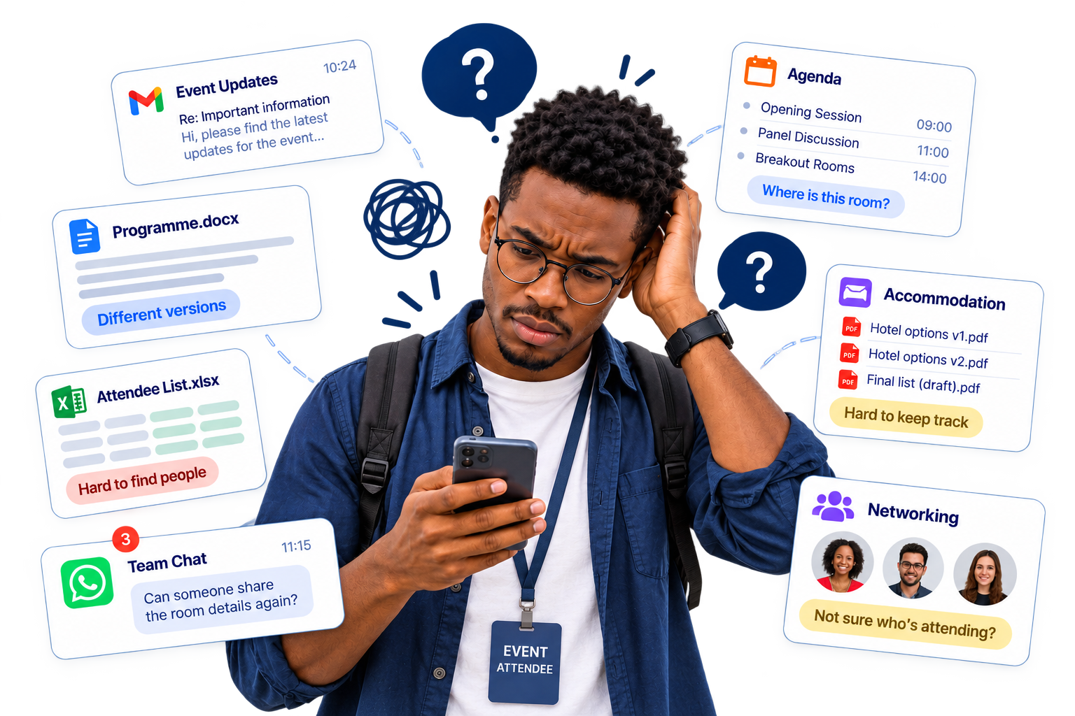 Attendee looking overwhelmed while juggling scattered event information
