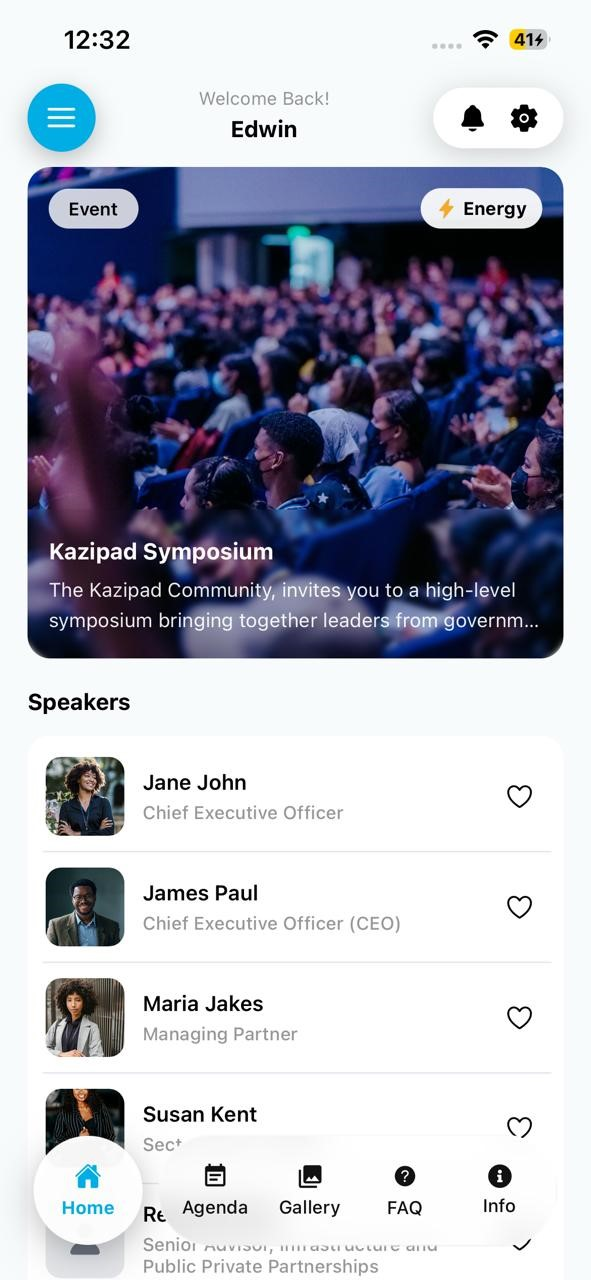 Bendie attendee app home screen