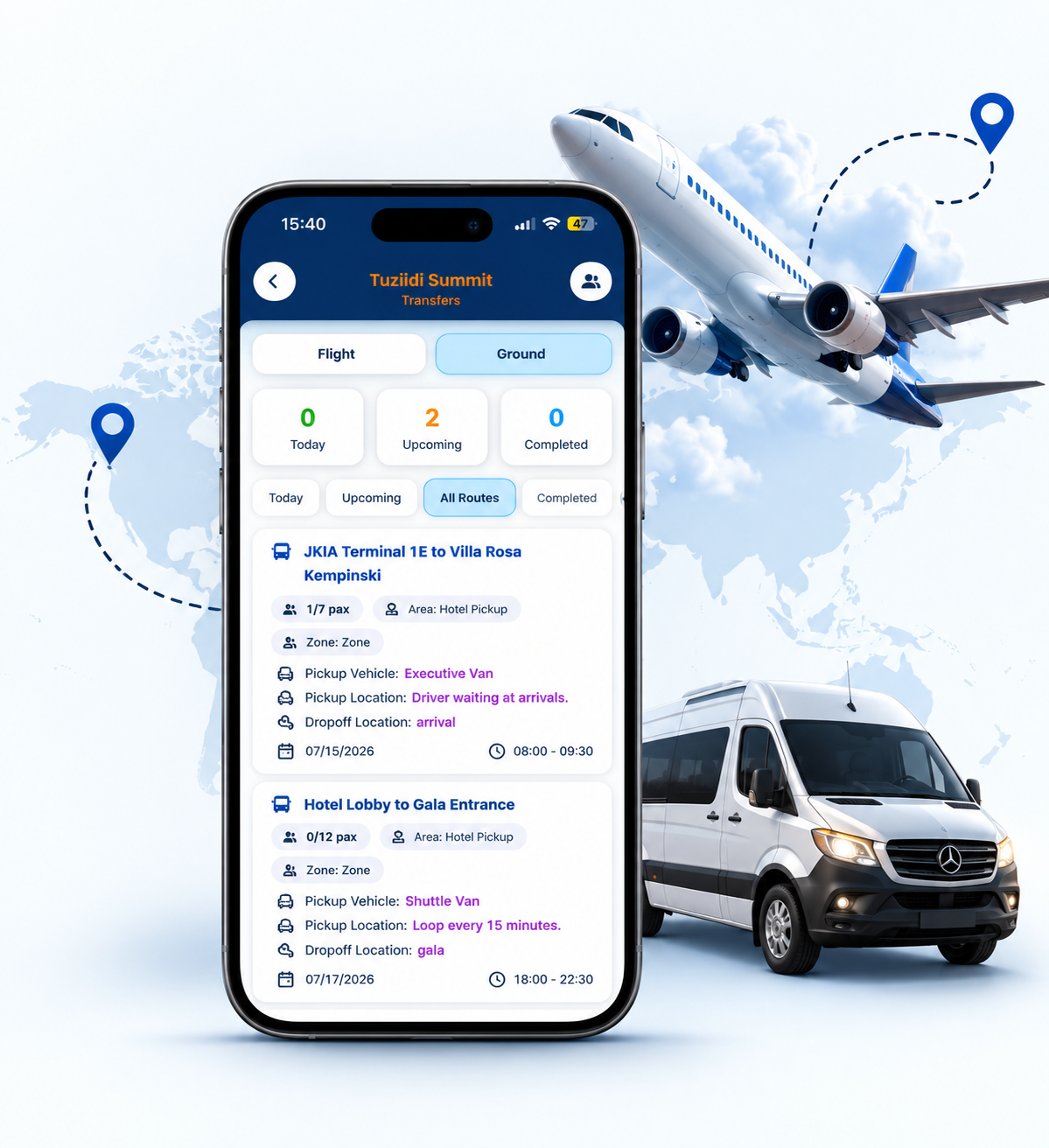 Bendie Planner logistics view with flight and transfer imagery