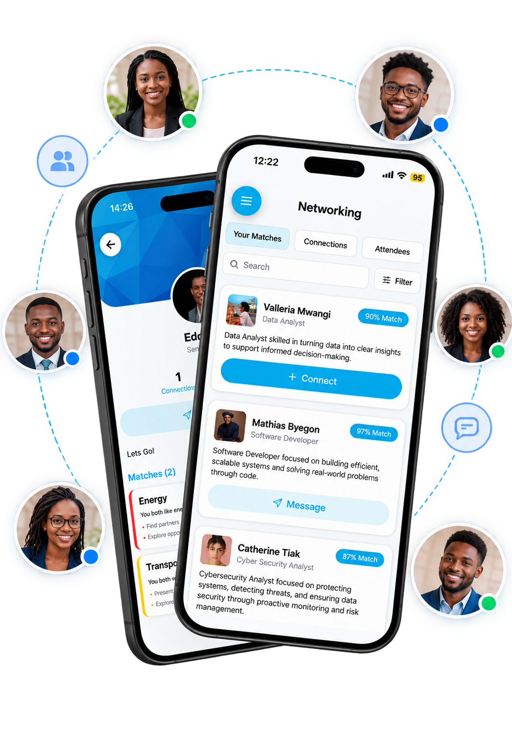 Bendie networking screen surrounded by attendee profile bubbles