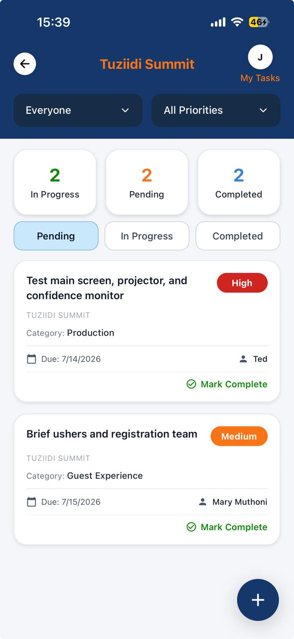 Bendie Planner task coordination screen
