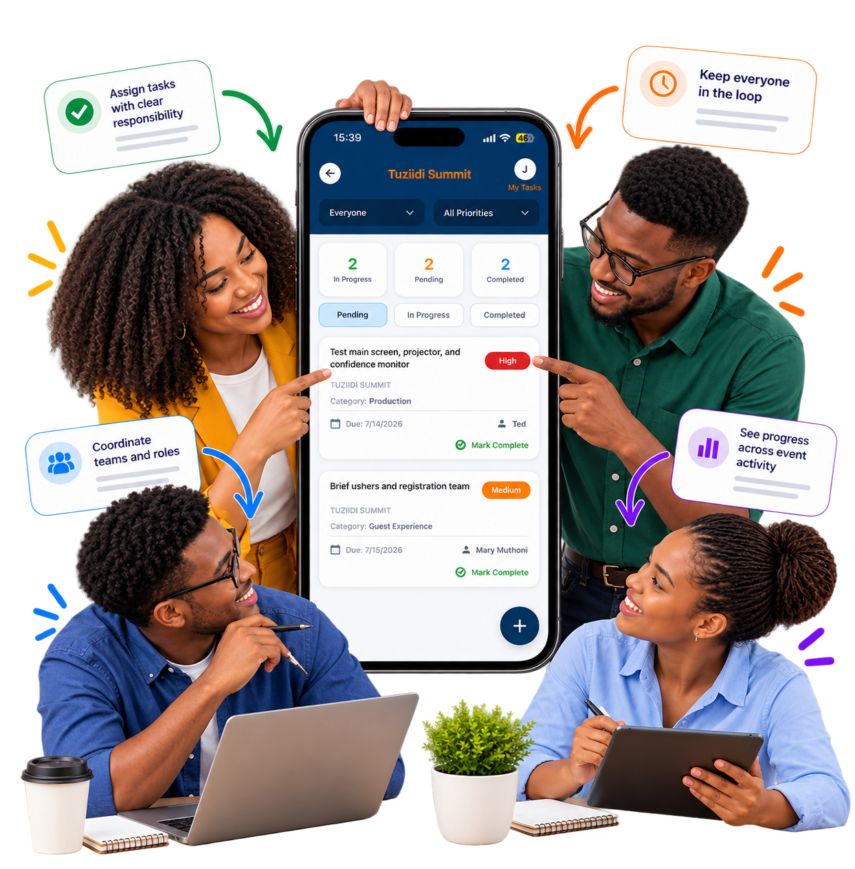 Event team coordinating tasks around a Bendie Planner task screen